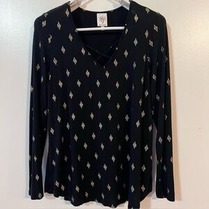 Self Esteem Sz L Black Gold Geometric V-Neck Criss-Cross Blouse
